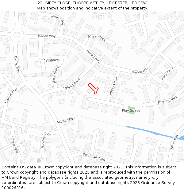 22, IMPEY CLOSE, THORPE ASTLEY, LEICESTER, LE3 3SW: Location map and indicative extent of plot