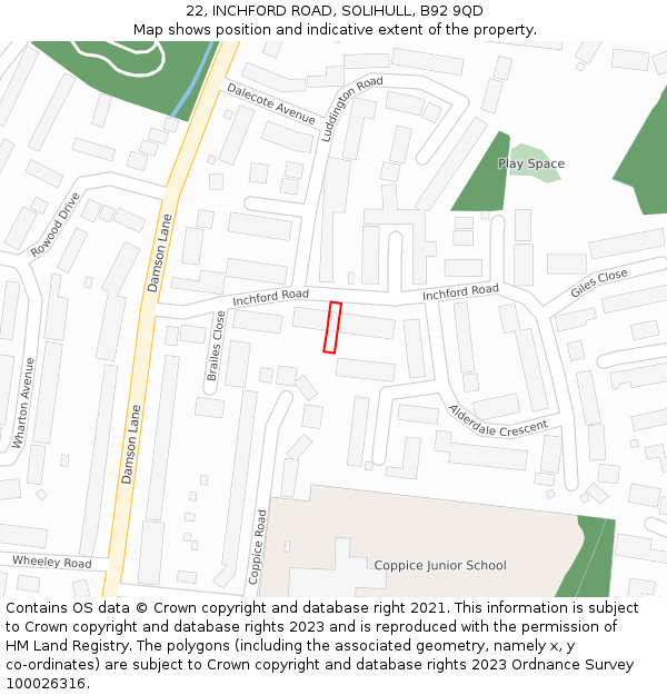 22, INCHFORD ROAD, SOLIHULL, B92 9QD: Location map and indicative extent of plot