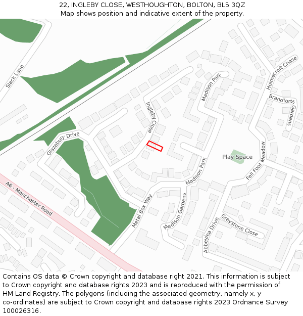 22, INGLEBY CLOSE, WESTHOUGHTON, BOLTON, BL5 3QZ: Location map and indicative extent of plot