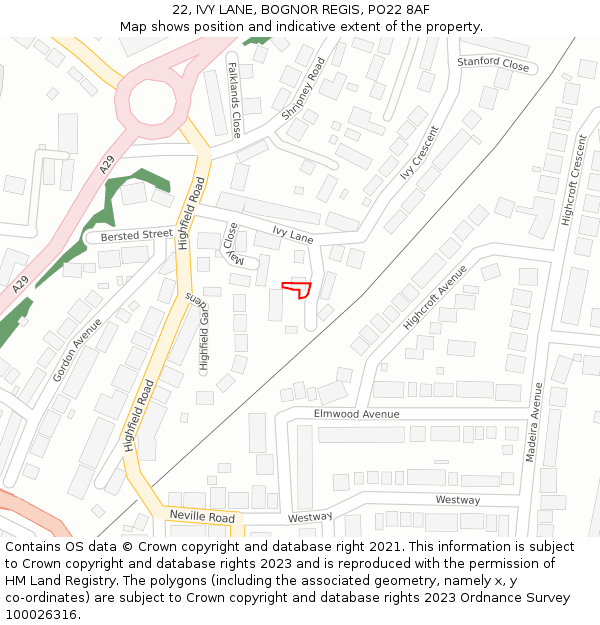 22, IVY LANE, BOGNOR REGIS, PO22 8AF: Location map and indicative extent of plot