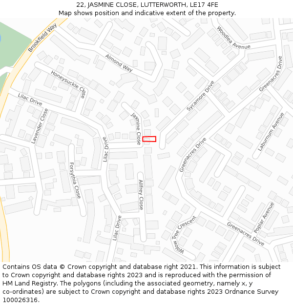 22, JASMINE CLOSE, LUTTERWORTH, LE17 4FE: Location map and indicative extent of plot