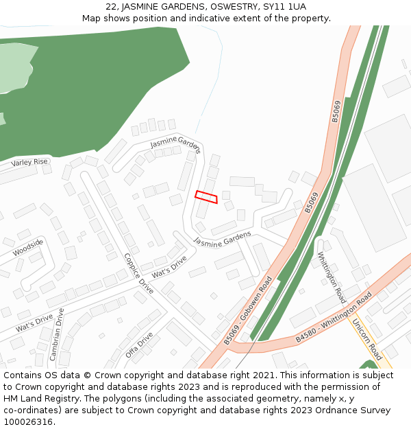 22, JASMINE GARDENS, OSWESTRY, SY11 1UA: Location map and indicative extent of plot