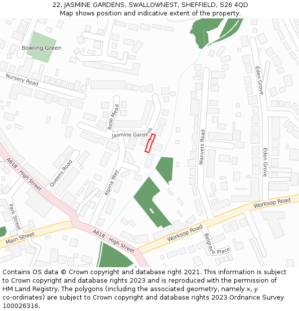 22, JASMINE GARDENS, SWALLOWNEST, SHEFFIELD, S26 4QD: Location map and indicative extent of plot