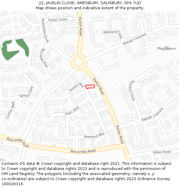 22, JAVELIN CLOSE, AMESBURY, SALISBURY, SP4 7UD: Location map and indicative extent of plot