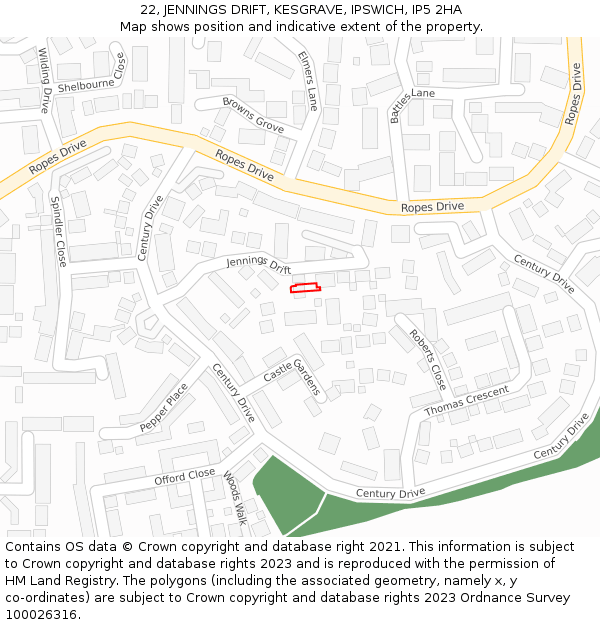 22, JENNINGS DRIFT, KESGRAVE, IPSWICH, IP5 2HA: Location map and indicative extent of plot