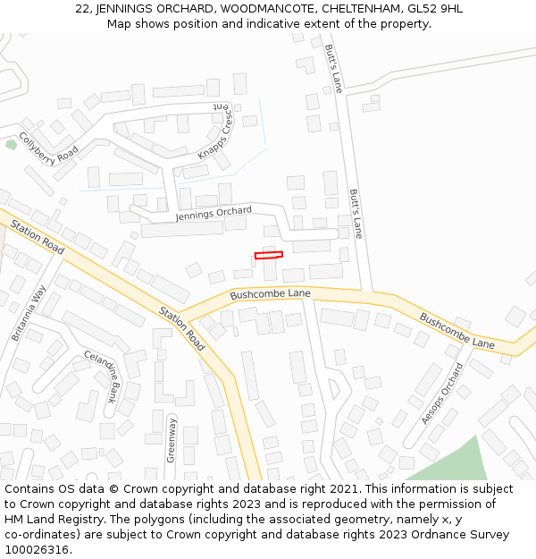 22, JENNINGS ORCHARD, WOODMANCOTE, CHELTENHAM, GL52 9HL: Location map and indicative extent of plot