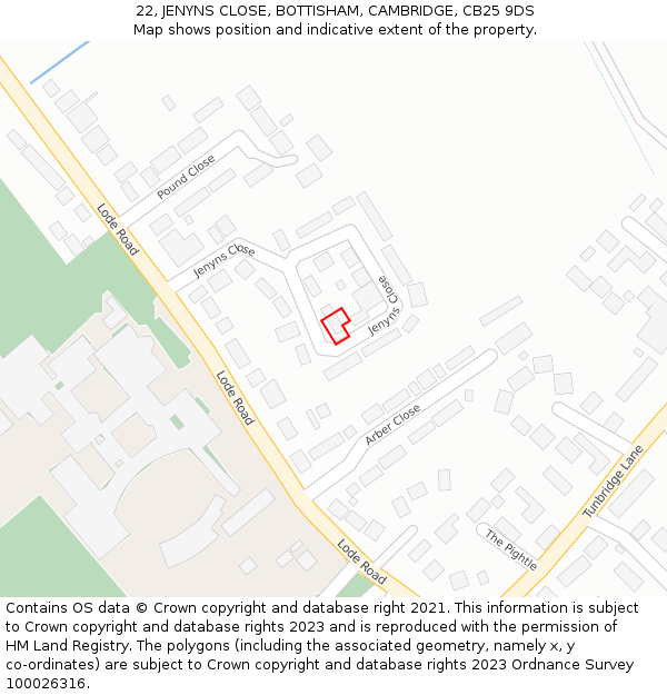 22, JENYNS CLOSE, BOTTISHAM, CAMBRIDGE, CB25 9DS: Location map and indicative extent of plot