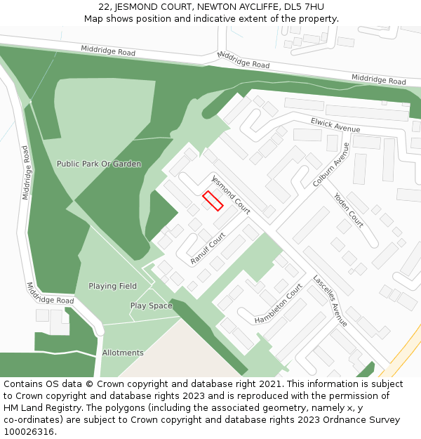 22, JESMOND COURT, NEWTON AYCLIFFE, DL5 7HU: Location map and indicative extent of plot