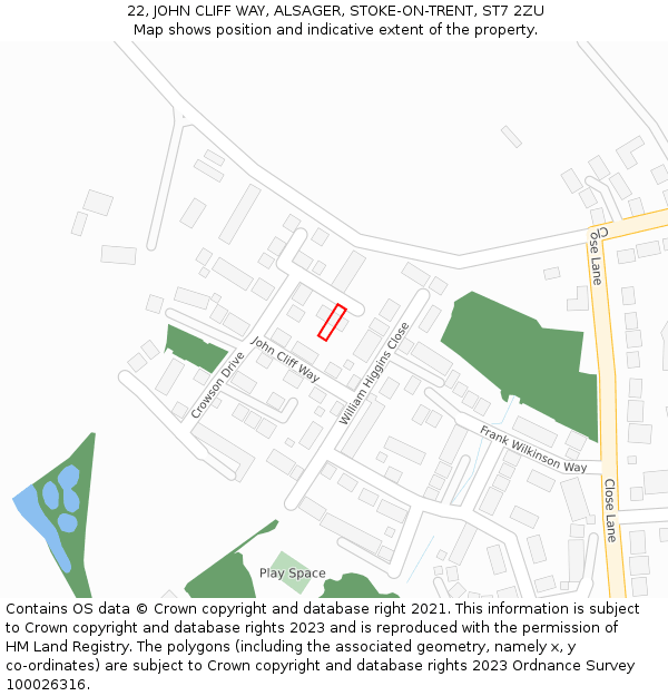 22, JOHN CLIFF WAY, ALSAGER, STOKE-ON-TRENT, ST7 2ZU: Location map and indicative extent of plot