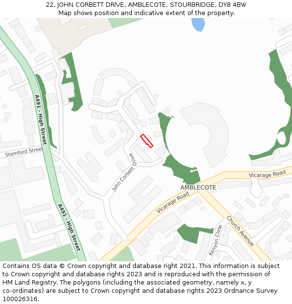 22, JOHN CORBETT DRIVE, AMBLECOTE, STOURBRIDGE, DY8 4BW: Location map and indicative extent of plot