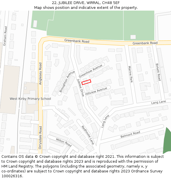 22, JUBILEE DRIVE, WIRRAL, CH48 5EF: Location map and indicative extent of plot