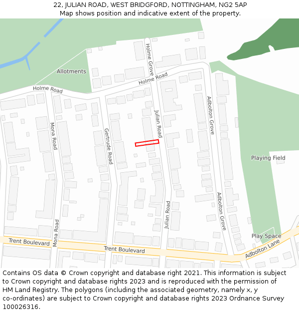 22, JULIAN ROAD, WEST BRIDGFORD, NOTTINGHAM, NG2 5AP: Location map and indicative extent of plot