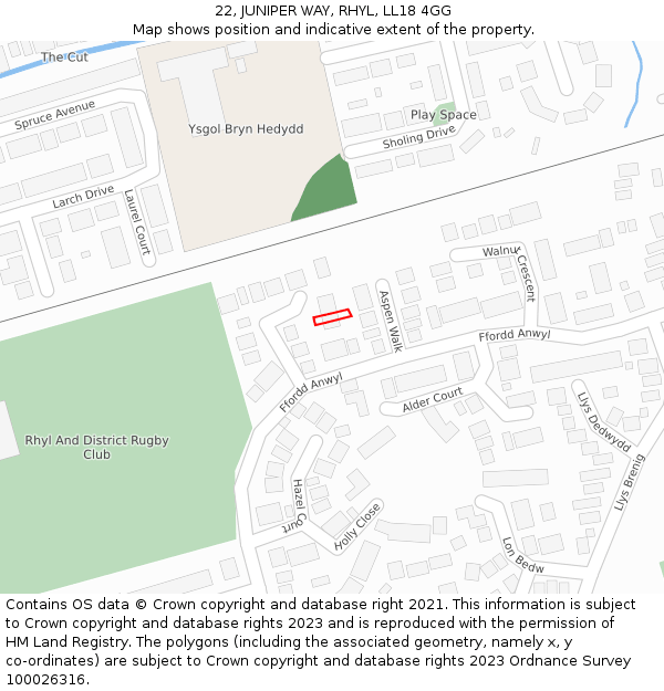 22, JUNIPER WAY, RHYL, LL18 4GG: Location map and indicative extent of plot