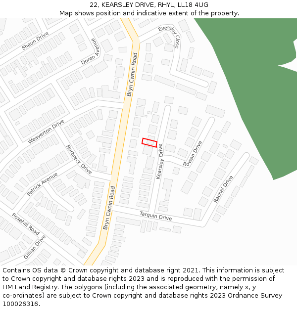 22, KEARSLEY DRIVE, RHYL, LL18 4UG: Location map and indicative extent of plot