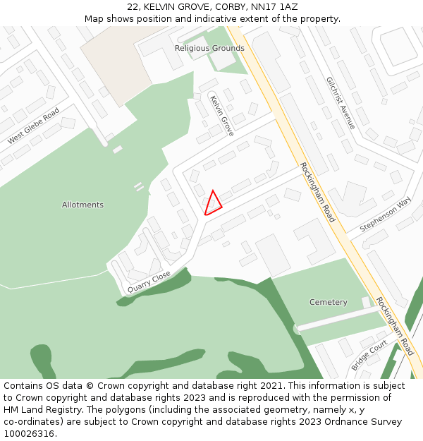 22, KELVIN GROVE, CORBY, NN17 1AZ: Location map and indicative extent of plot