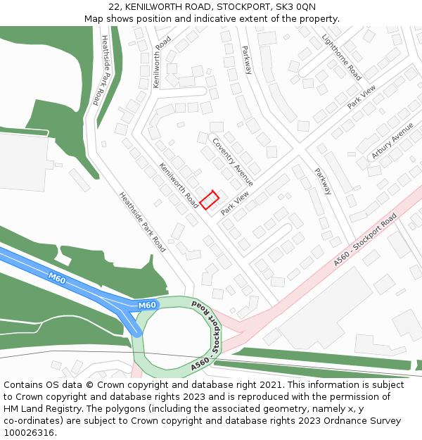 22, KENILWORTH ROAD, STOCKPORT, SK3 0QN: Location map and indicative extent of plot