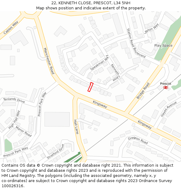 22, KENNETH CLOSE, PRESCOT, L34 5NH: Location map and indicative extent of plot