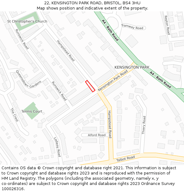 22, KENSINGTON PARK ROAD, BRISTOL, BS4 3HU: Location map and indicative extent of plot