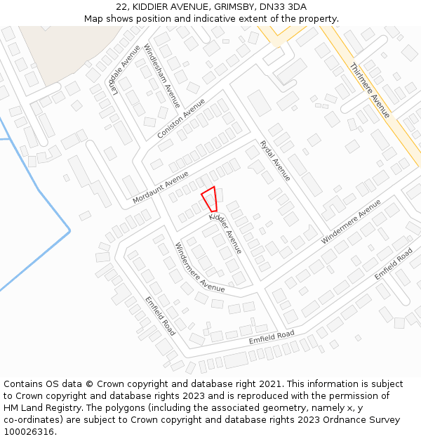 22, KIDDIER AVENUE, GRIMSBY, DN33 3DA: Location map and indicative extent of plot