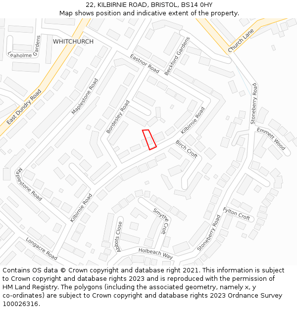 22, KILBIRNIE ROAD, BRISTOL, BS14 0HY: Location map and indicative extent of plot