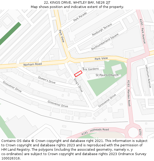 22, KINGS DRIVE, WHITLEY BAY, NE26 2JT: Location map and indicative extent of plot