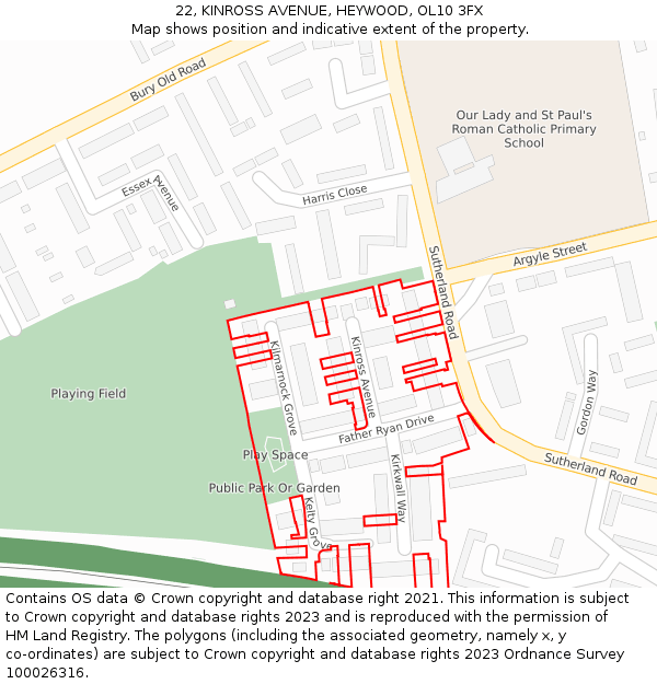 22, KINROSS AVENUE, HEYWOOD, OL10 3FX: Location map and indicative extent of plot