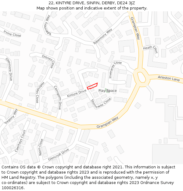 22, KINTYRE DRIVE, SINFIN, DERBY, DE24 3JZ: Location map and indicative extent of plot