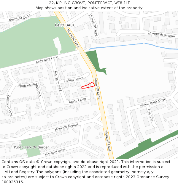 22, KIPLING GROVE, PONTEFRACT, WF8 1LF: Location map and indicative extent of plot