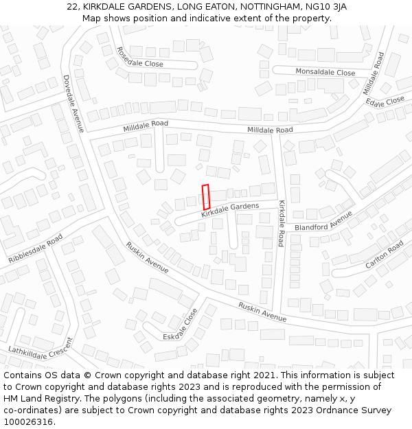 22, KIRKDALE GARDENS, LONG EATON, NOTTINGHAM, NG10 3JA: Location map and indicative extent of plot