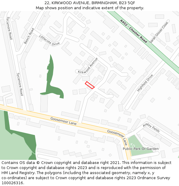 22, KIRKWOOD AVENUE, BIRMINGHAM, B23 5QF: Location map and indicative extent of plot