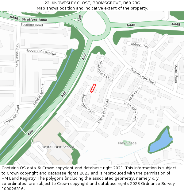 22, KNOWESLEY CLOSE, BROMSGROVE, B60 2RG: Location map and indicative extent of plot