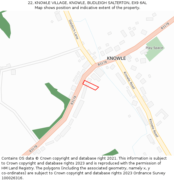 22, KNOWLE VILLAGE, KNOWLE, BUDLEIGH SALTERTON, EX9 6AL: Location map and indicative extent of plot