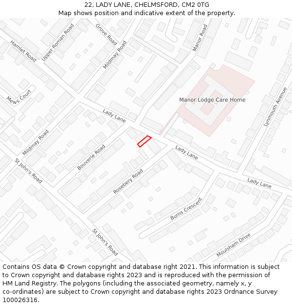 22, LADY LANE, CHELMSFORD, CM2 0TG: Location map and indicative extent of plot