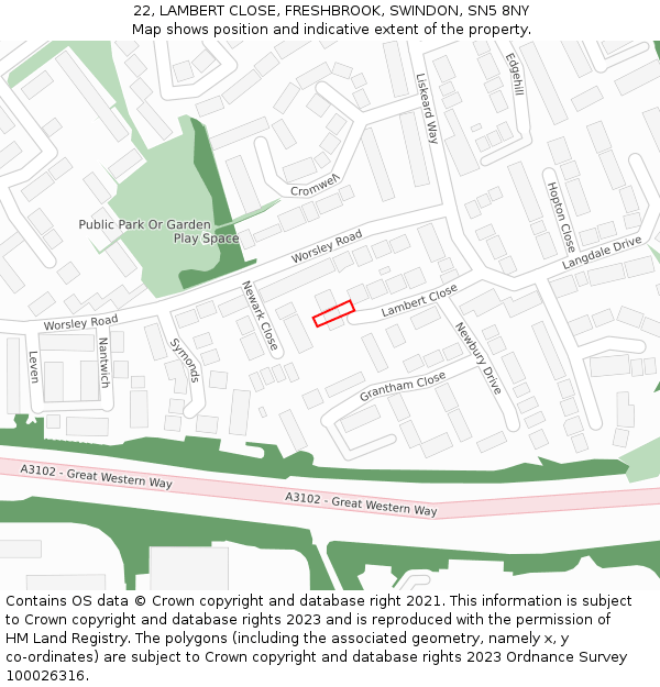 22, LAMBERT CLOSE, FRESHBROOK, SWINDON, SN5 8NY: Location map and indicative extent of plot