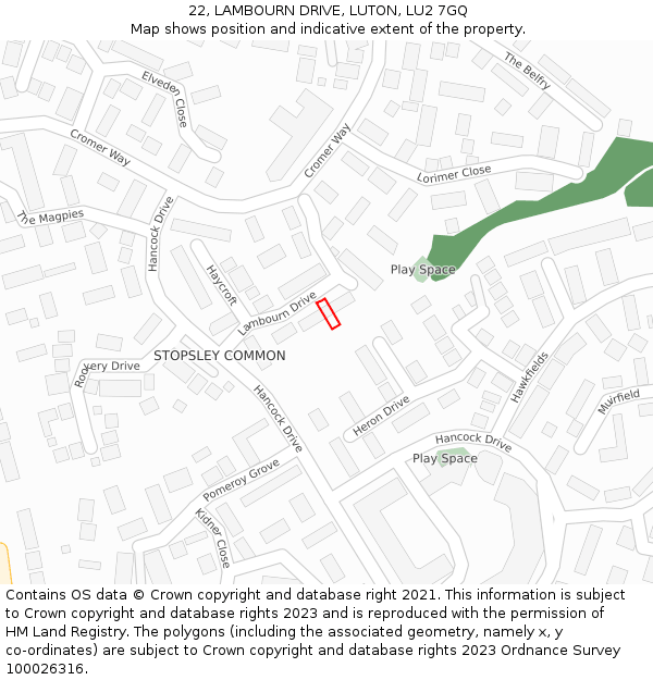 22, LAMBOURN DRIVE, LUTON, LU2 7GQ: Location map and indicative extent of plot