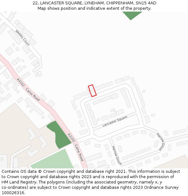 22, LANCASTER SQUARE, LYNEHAM, CHIPPENHAM, SN15 4AD: Location map and indicative extent of plot
