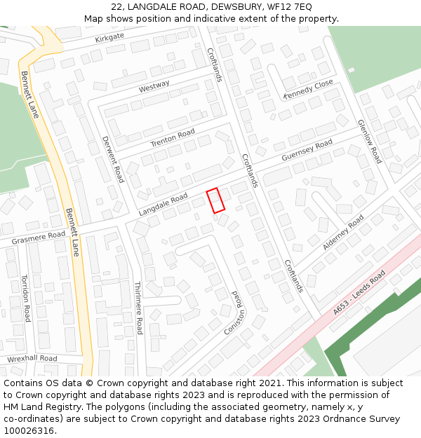 22, LANGDALE ROAD, DEWSBURY, WF12 7EQ: Location map and indicative extent of plot