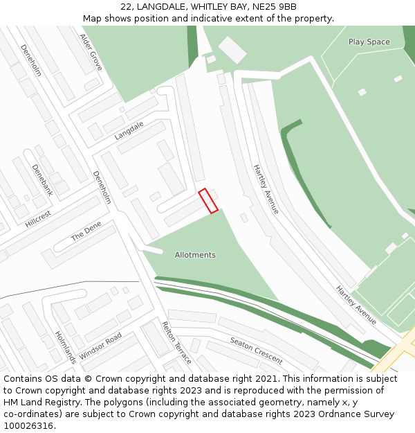 22, LANGDALE, WHITLEY BAY, NE25 9BB: Location map and indicative extent of plot