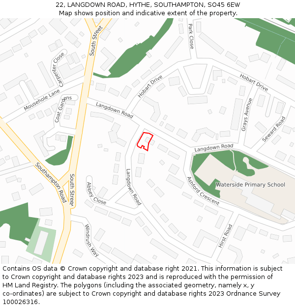 22, LANGDOWN ROAD, HYTHE, SOUTHAMPTON, SO45 6EW: Location map and indicative extent of plot