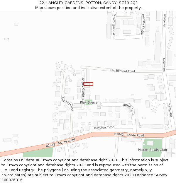 22, LANGLEY GARDENS, POTTON, SANDY, SG19 2QF: Location map and indicative extent of plot