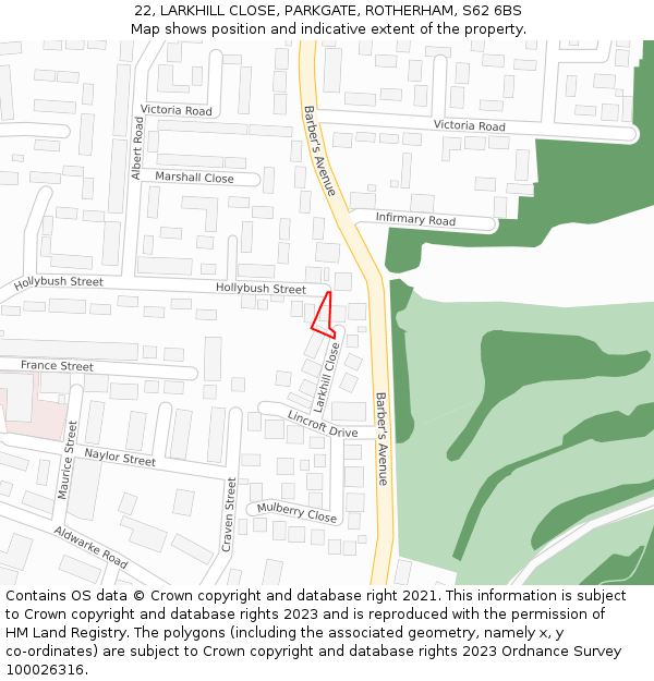 22, LARKHILL CLOSE, PARKGATE, ROTHERHAM, S62 6BS: Location map and indicative extent of plot