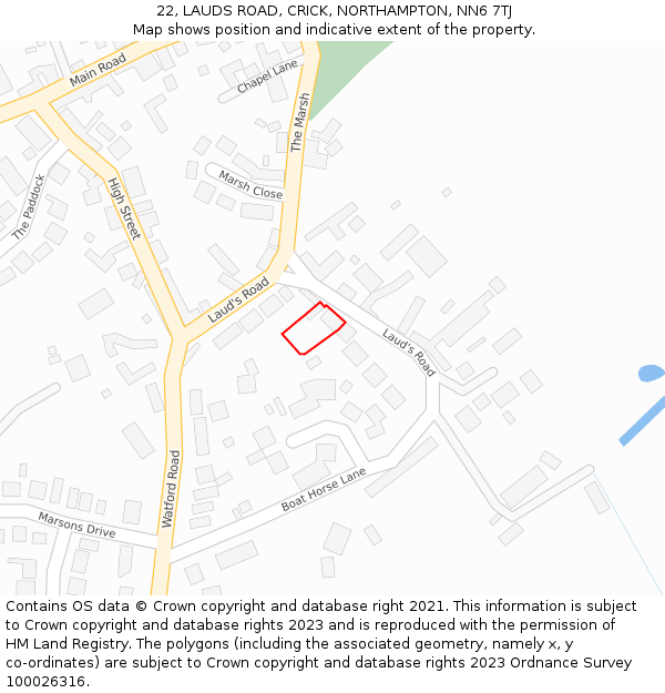 22, LAUDS ROAD, CRICK, NORTHAMPTON, NN6 7TJ: Location map and indicative extent of plot