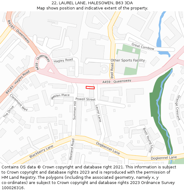 22, LAUREL LANE, HALESOWEN, B63 3DA: Location map and indicative extent of plot