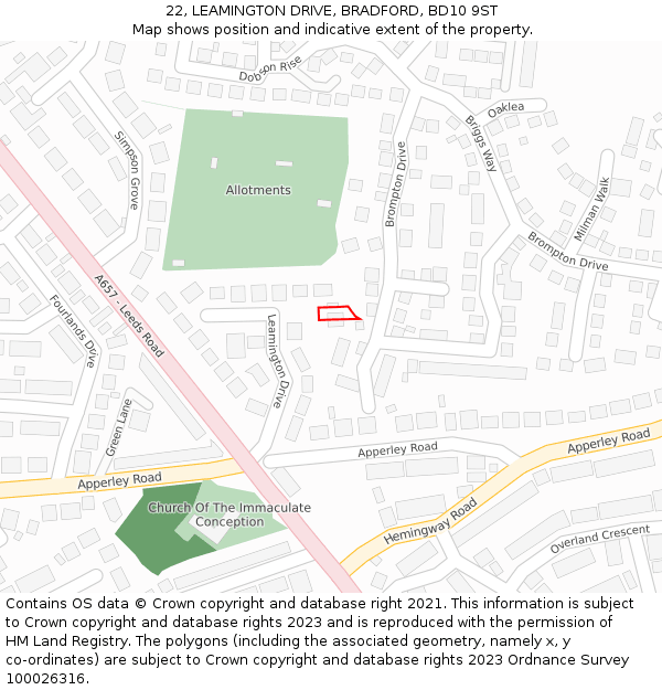 22, LEAMINGTON DRIVE, BRADFORD, BD10 9ST: Location map and indicative extent of plot