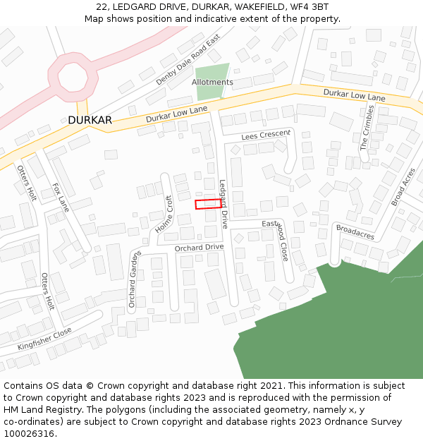 22, LEDGARD DRIVE, DURKAR, WAKEFIELD, WF4 3BT: Location map and indicative extent of plot