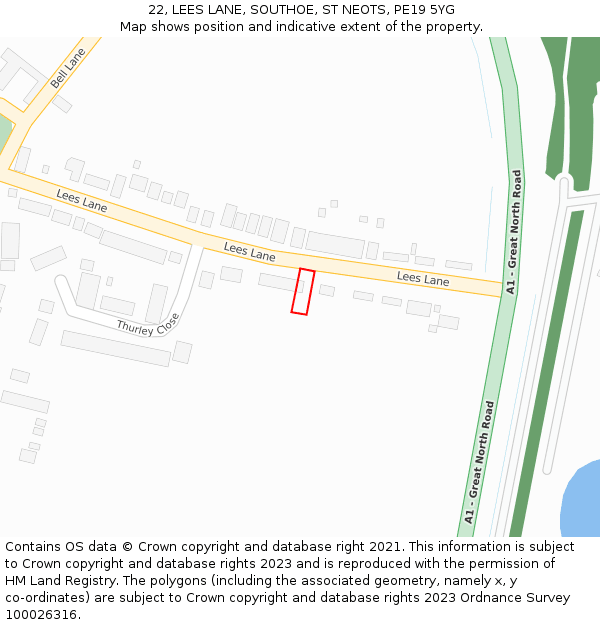 22, LEES LANE, SOUTHOE, ST NEOTS, PE19 5YG: Location map and indicative extent of plot