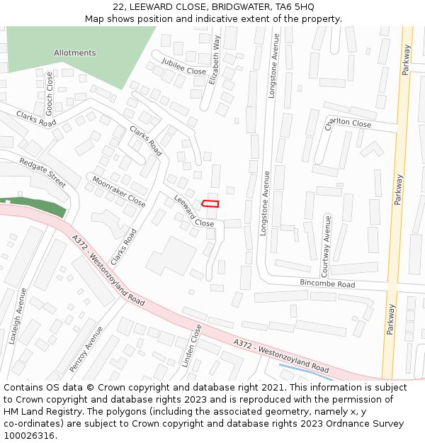 22, LEEWARD CLOSE, BRIDGWATER, TA6 5HQ: Location map and indicative extent of plot