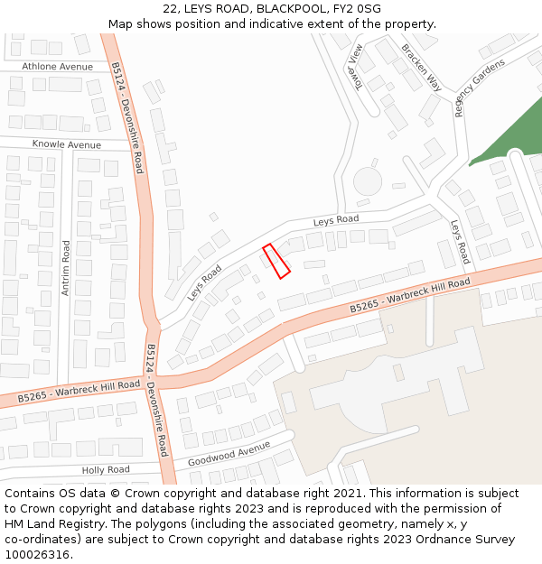 22, LEYS ROAD, BLACKPOOL, FY2 0SG: Location map and indicative extent of plot