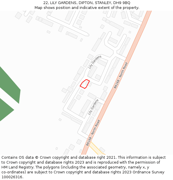 22, LILY GARDENS, DIPTON, STANLEY, DH9 9BQ: Location map and indicative extent of plot