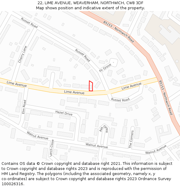 22, LIME AVENUE, WEAVERHAM, NORTHWICH, CW8 3DF: Location map and indicative extent of plot